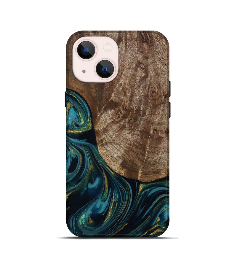 iPhone 13 mini Wood Live Edge Phone Case - Logan (Teal & Gold, 811889)