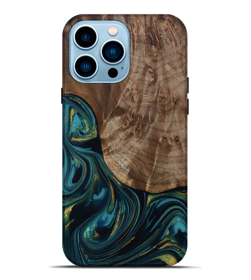 iPhone 14 Pro Max Wood Live Edge Phone Case - Logan (Teal & Gold, 811889)