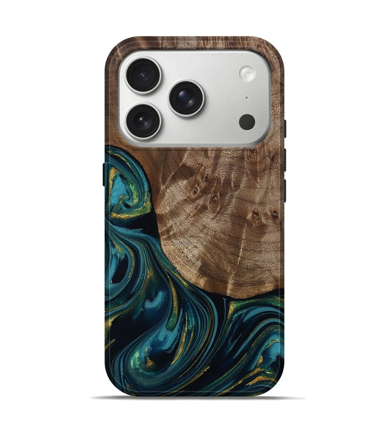 iPhone 17 Pro Wood Live Edge Phone Case - Logan (Teal & Gold, 811889)