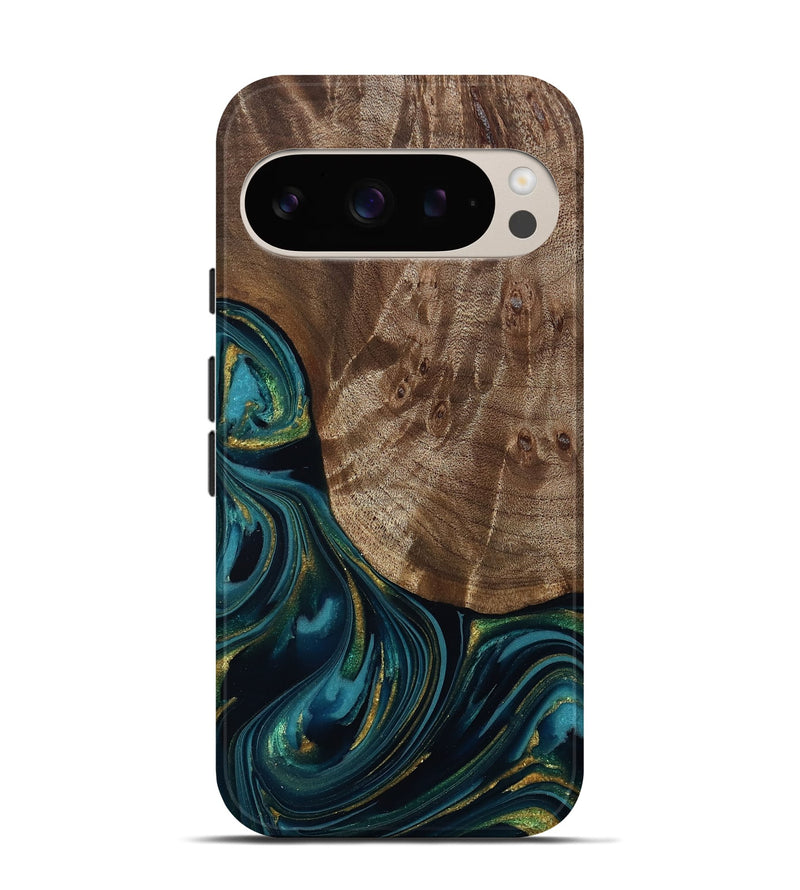 Pixel 9 Wood Live Edge Phone Case - Logan (Teal & Gold, 811889)