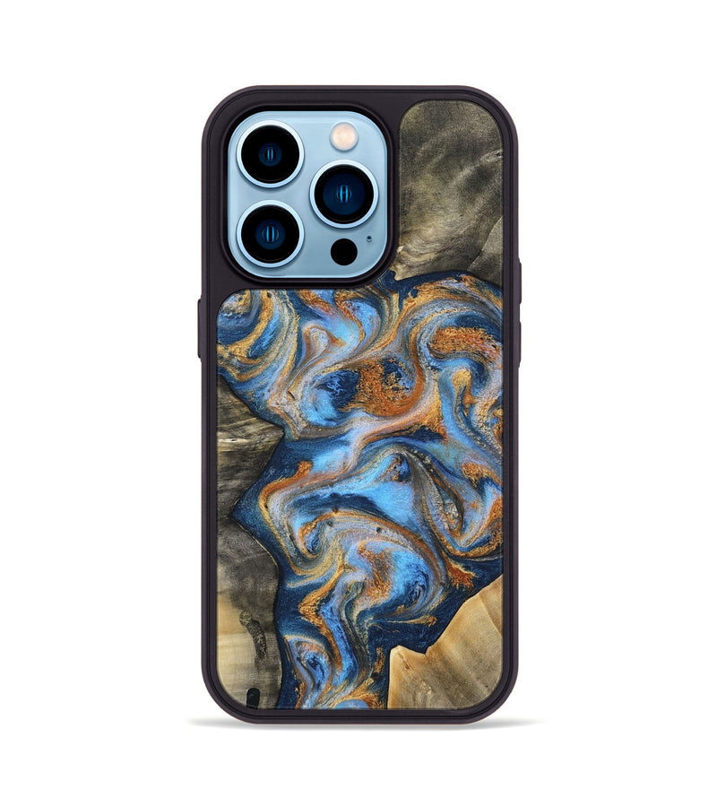 iPhone 14 Pro Wood Phone Case - Emily (Teal & Gold, 812077)