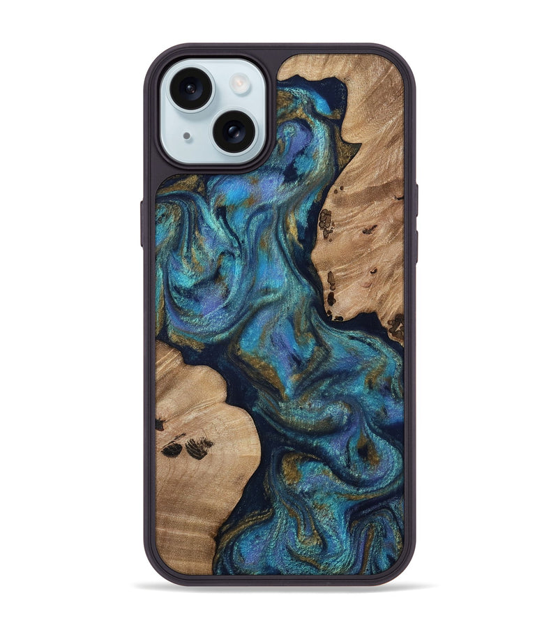 iPhone 15 Plus Wood Phone Case - Yael (Teal & Gold, 812095)
