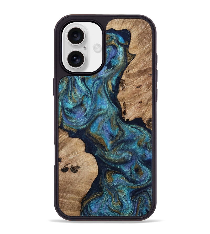iPhone 16 Plus Wood Phone Case - Yael (Teal & Gold, 812095)