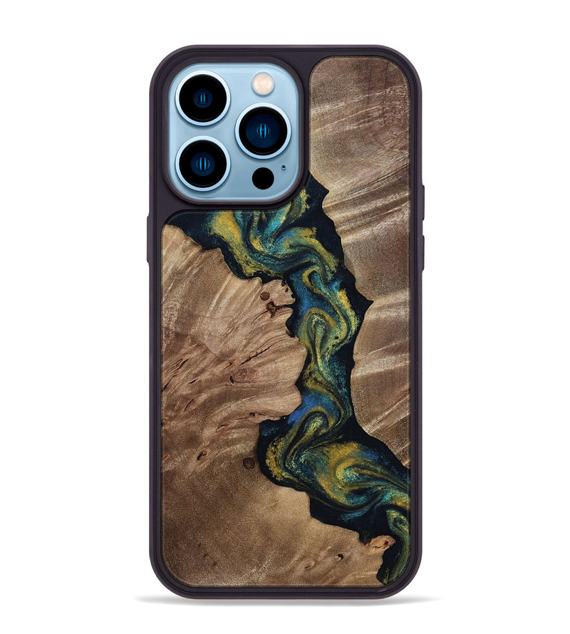 iPhone 14 Pro Max Wood Phone Case - Yoselin (Teal & Gold, 812099)