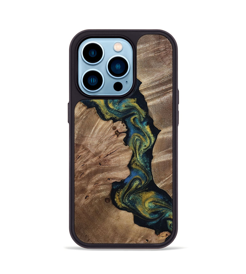 iPhone 14 Pro Wood Phone Case - Yoselin (Teal & Gold, 812099)