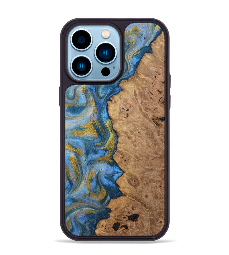 iPhone 14 Pro Max Wood Phone Case - Tylor (Teal & Gold, 812100)