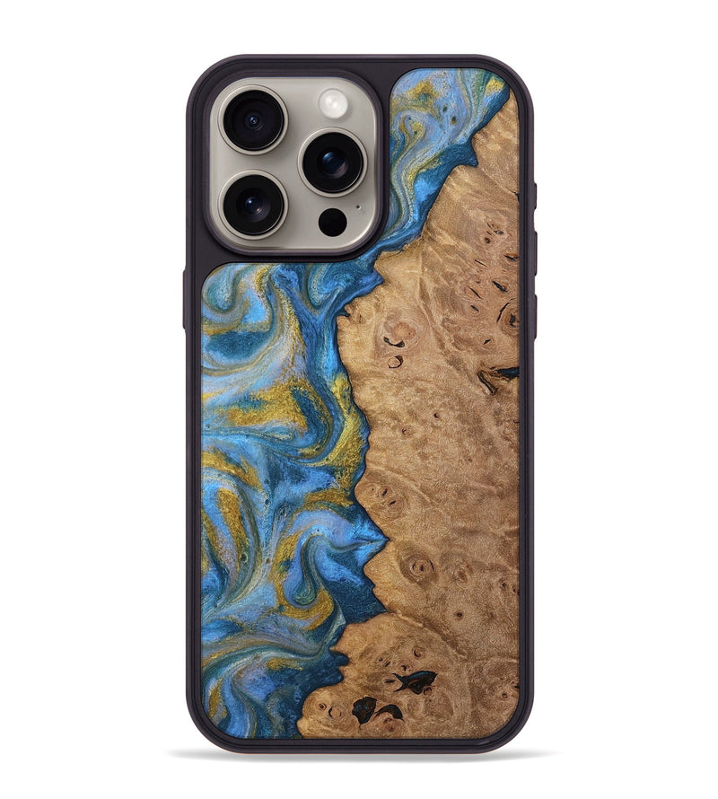 iPhone 15 Pro Max Wood Phone Case - Tylor (Teal & Gold, 812100)