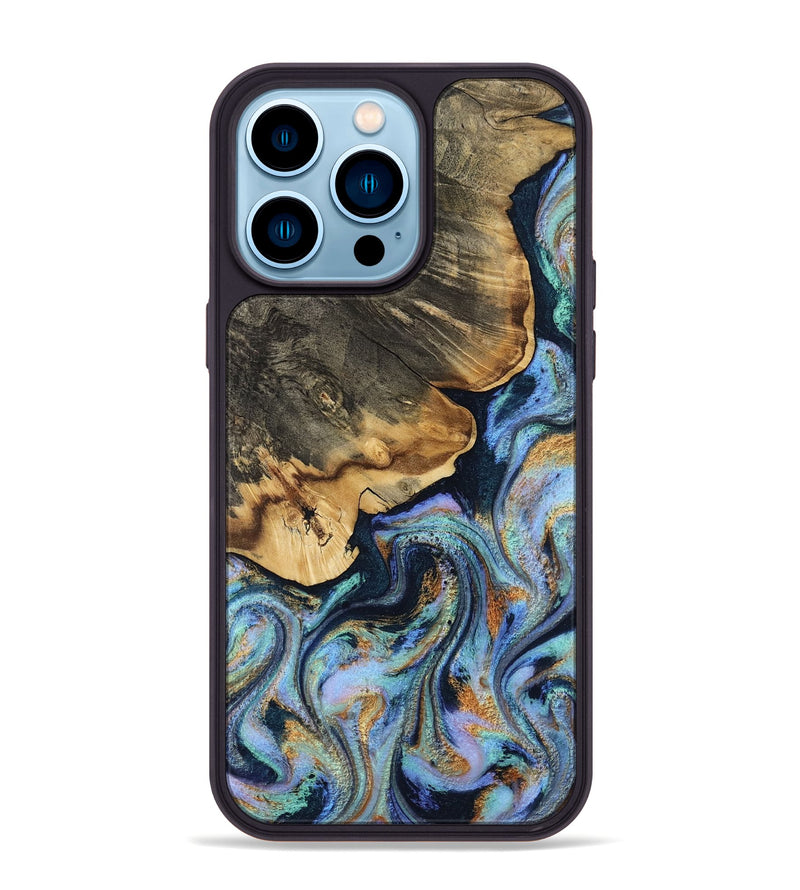 iPhone 14 Pro Max Wood Phone Case - Jesse (Teal & Gold, 812102)