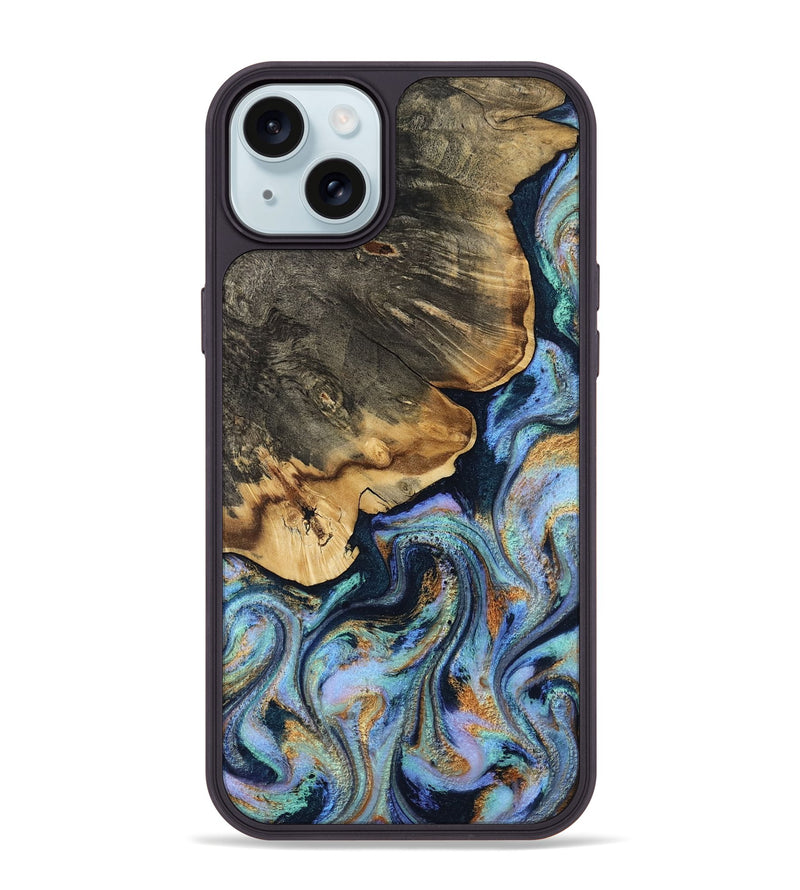 iPhone 15 Plus Wood Phone Case - Jesse (Teal & Gold, 812102)