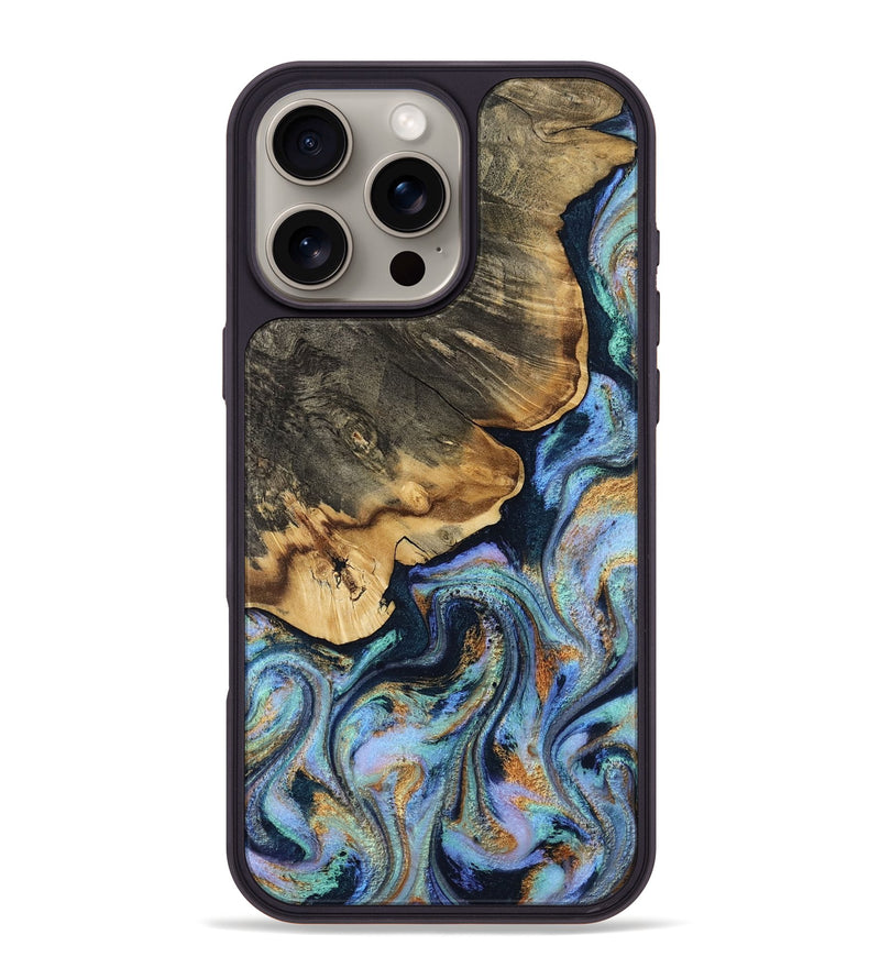 iPhone 16 Pro Max Wood Phone Case - Jesse (Teal & Gold, 812102)