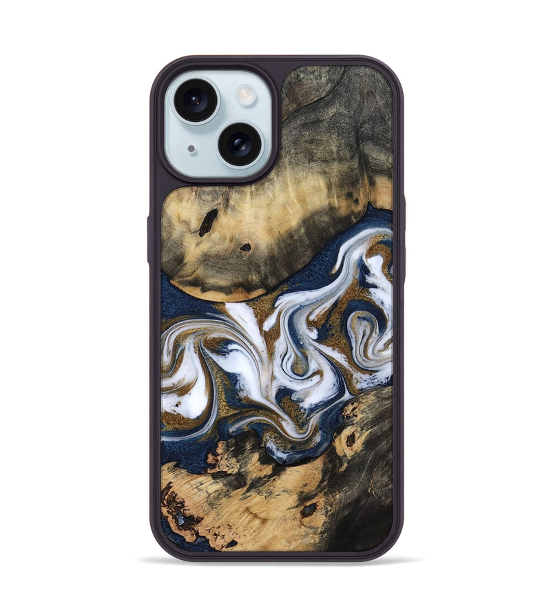 iPhone 15 Wood Phone Case - Bettye (Teal & Gold, 812103)