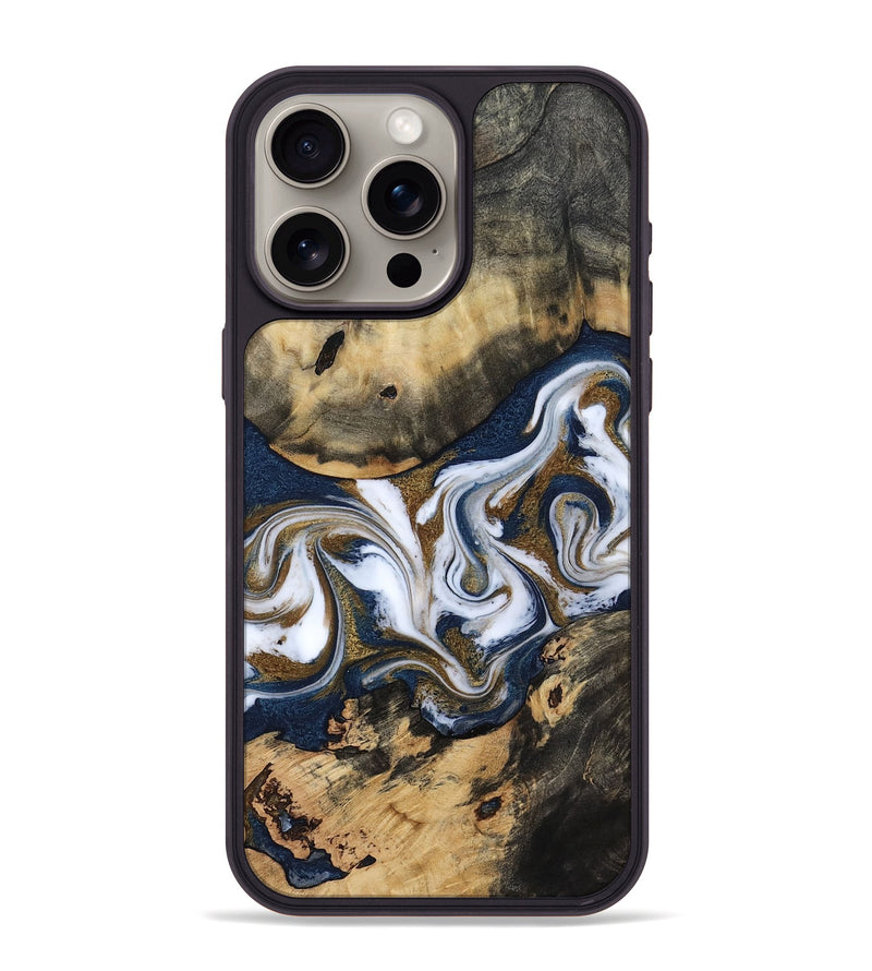 iPhone 15 Pro Max Wood Phone Case - Bettye (Teal & Gold, 812103)