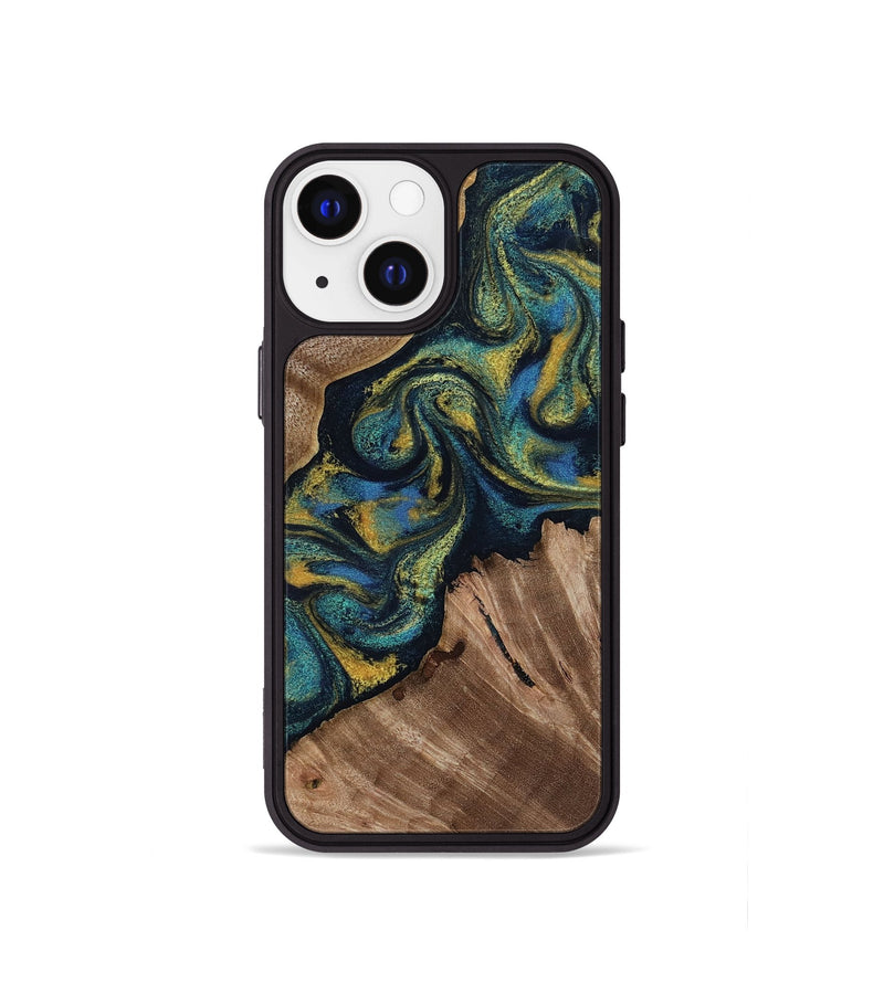 iPhone 13 mini Wood Phone Case - Lizette (Teal & Gold, 812104)