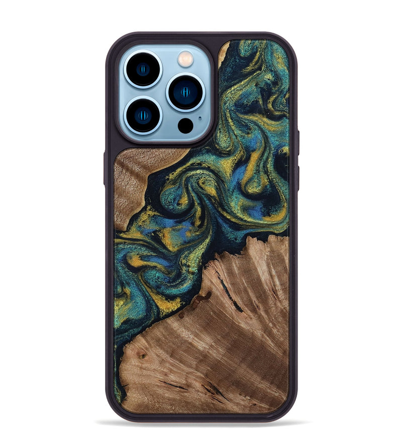 iPhone 14 Pro Max Wood Phone Case - Lizette (Teal & Gold, 812104)