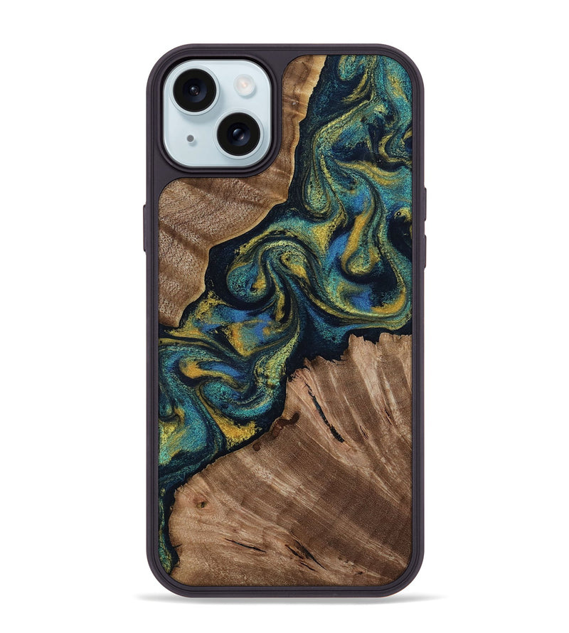 iPhone 15 Plus Wood Phone Case - Lizette (Teal & Gold, 812104)