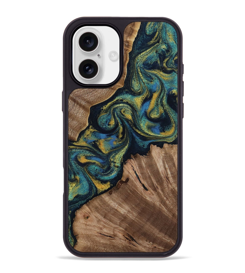 iPhone 16 Plus Wood Phone Case - Lizette (Teal & Gold, 812104)