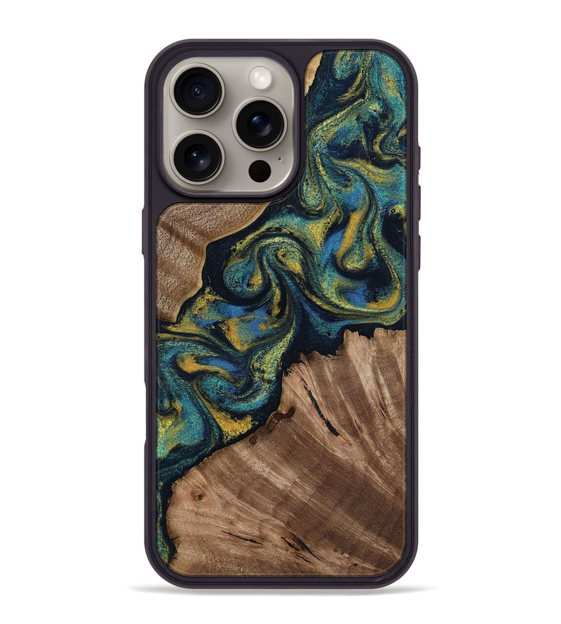 iPhone 16 Pro Max Wood Phone Case - Lizette (Teal & Gold, 812104)