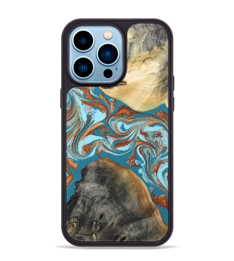 iPhone 14 Pro Max Wood Phone Case - Rheta (Teal & Gold, 812106)