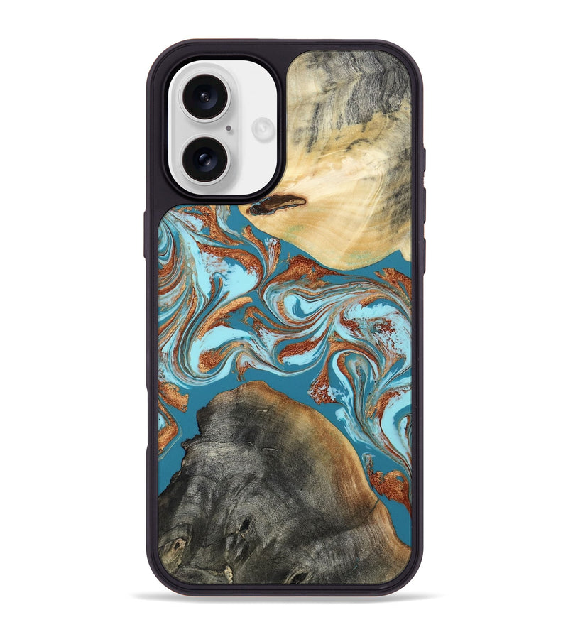 iPhone 16 Plus Wood Phone Case - Rheta (Teal & Gold, 812106)