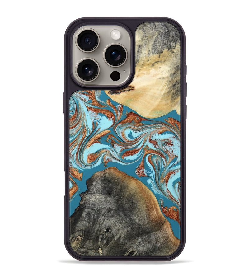 iPhone 16 Pro Max Wood Phone Case - Rheta (Teal & Gold, 812106)