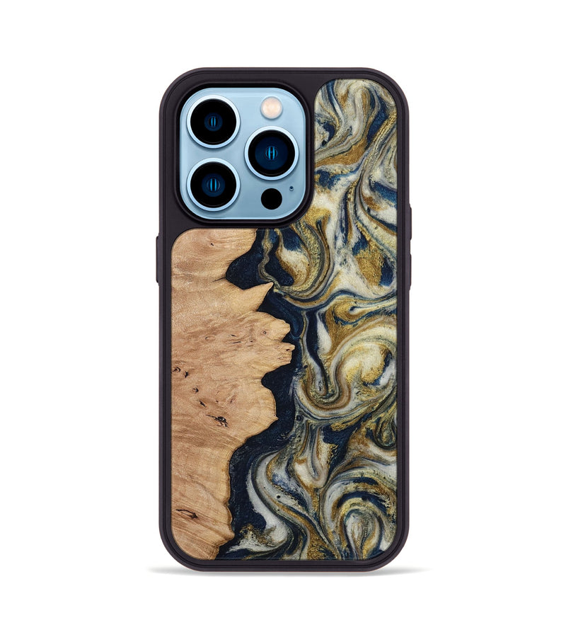 iPhone 14 Pro Wood Phone Case - Cloe (Teal & Gold, 812108)