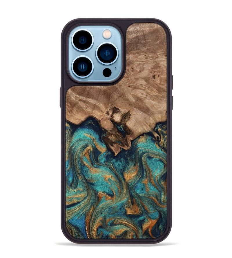 iPhone 14 Pro Max Wood Phone Case - Talon (Teal & Gold, 812110)