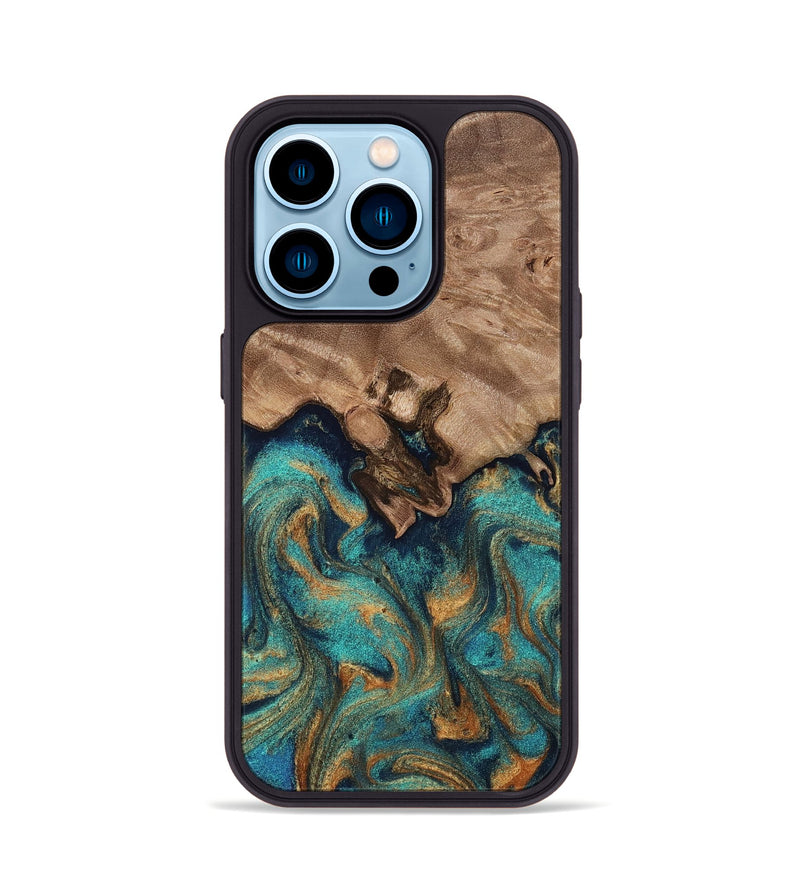 iPhone 14 Pro Wood Phone Case - Talon (Teal & Gold, 812110)