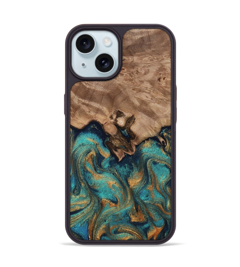 iPhone 15 Wood Phone Case - Talon (Teal & Gold, 812110)