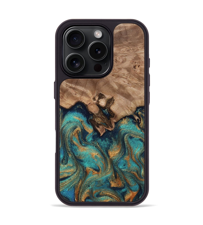 iPhone 16 Pro Wood Phone Case - Talon (Teal & Gold, 812110)