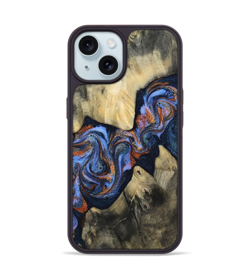 iPhone 15 Wood Phone Case - Susie (Teal & Gold, 812117)