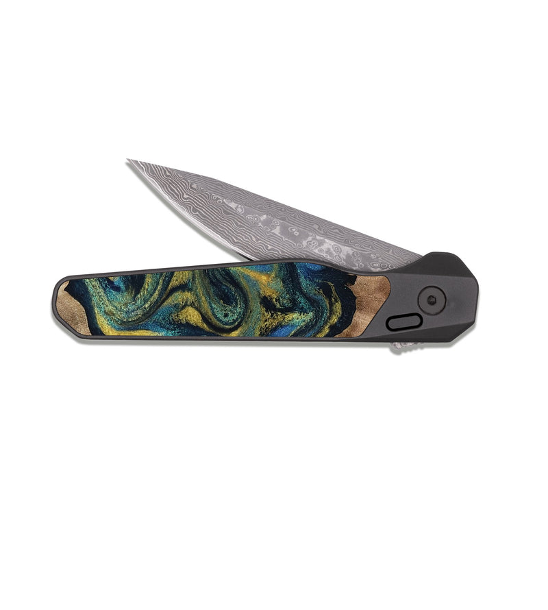EDC Dark Damascus Wood Pocket Knife - Dannie (Teal & Gold, 812151)