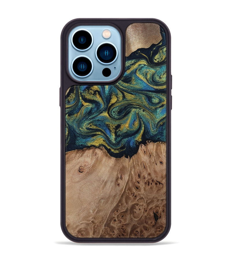 iPhone 14 Pro Max Wood Phone Case - Dannie (Teal & Gold, 812151)