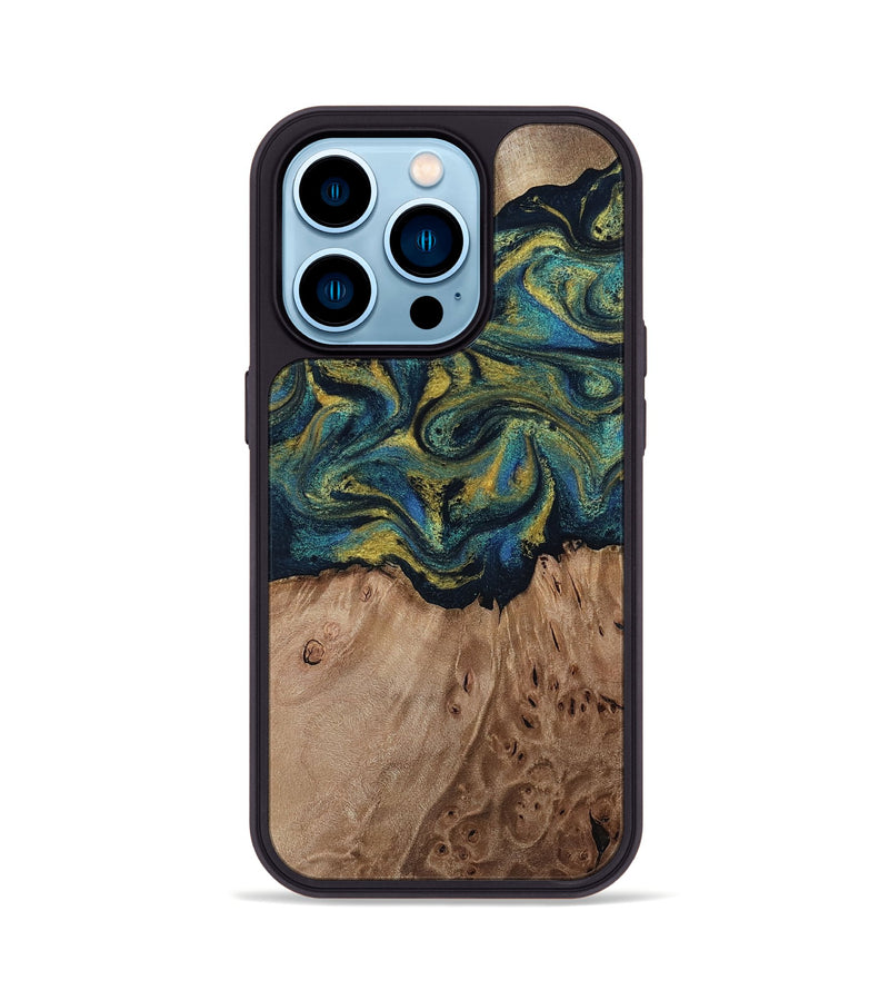 iPhone 14 Pro Wood Phone Case - Dannie (Teal & Gold, 812151)
