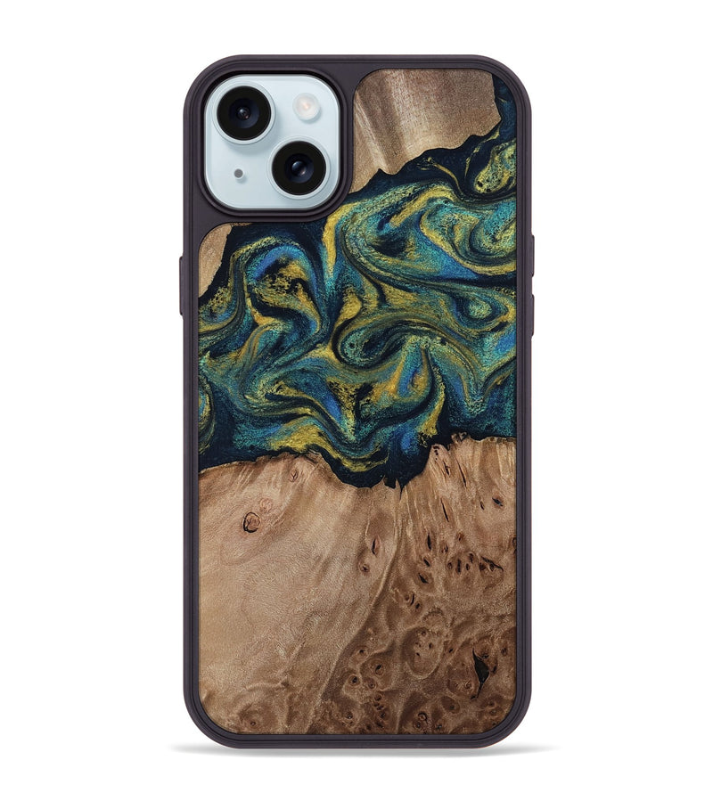 iPhone 15 Plus Wood Phone Case - Dannie (Teal & Gold, 812151)