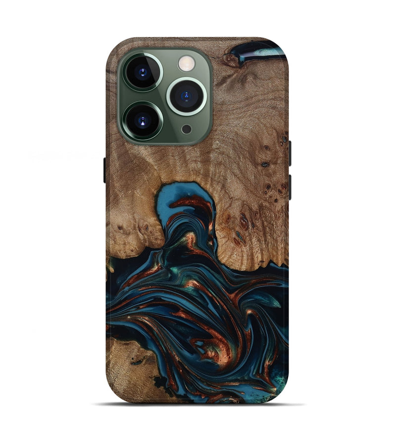 iPhone 13 Pro Wood Live Edge Phone Case - Kelli (Teal & Gold, 812196)