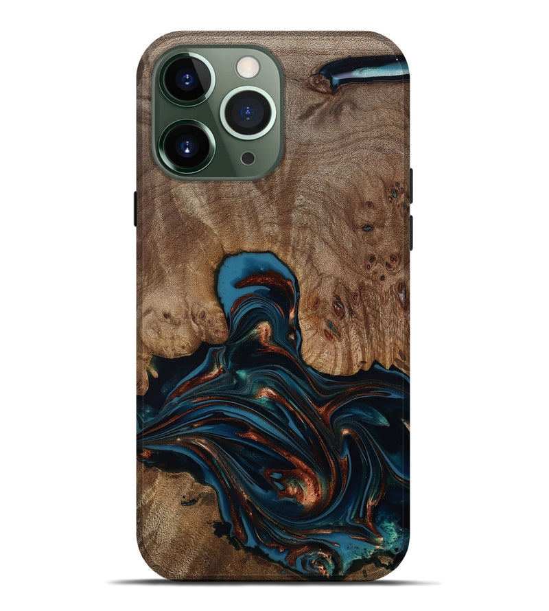 iPhone 13 Pro Max Wood Live Edge Phone Case - Kelli (Teal & Gold, 812196)