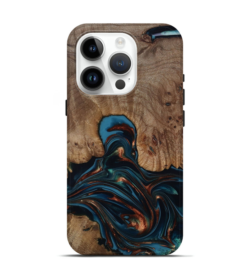 iPhone 15 Pro Wood Live Edge Phone Case - Kelli (Teal & Gold, 812196)