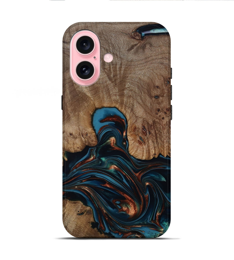 iPhone 16 Wood Live Edge Phone Case - Kelli (Teal & Gold, 812196)