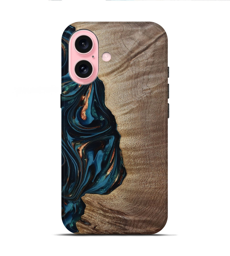 iPhone 16 Wood Live Edge Phone Case - Weldon (Teal & Gold, 812198)