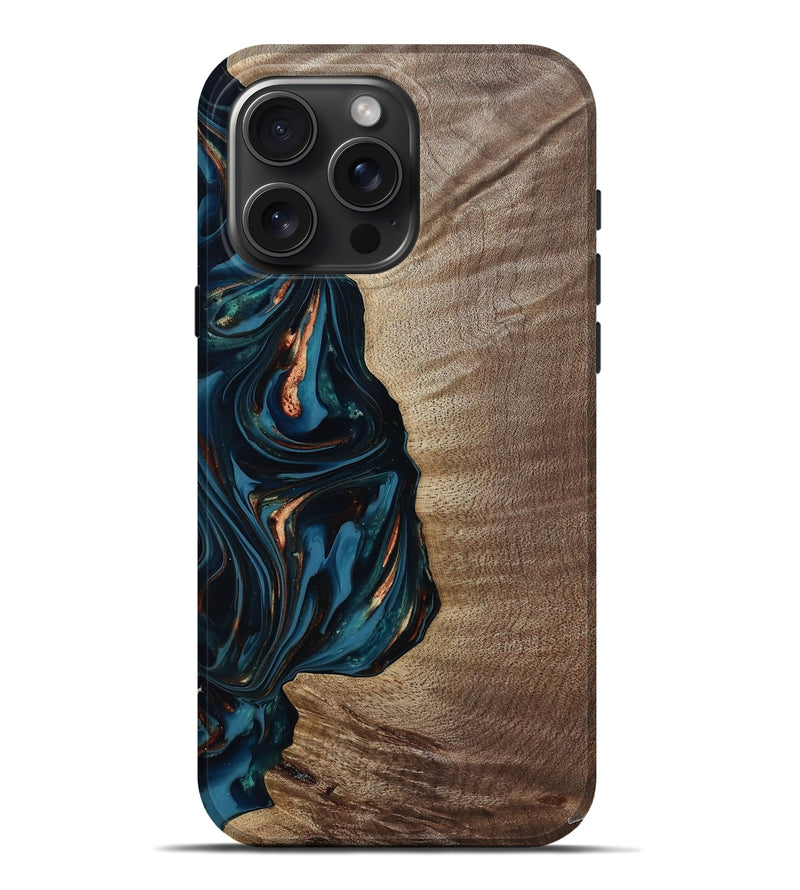 iPhone 16 Pro Max Wood Live Edge Phone Case - Weldon (Teal & Gold, 812198)