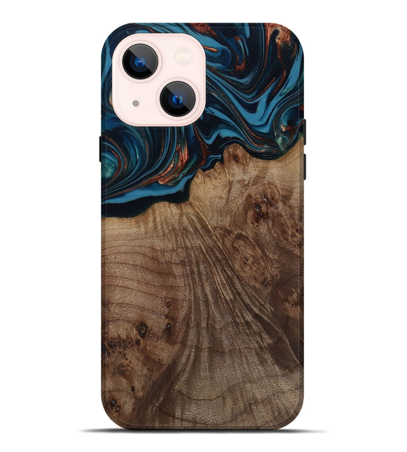 iPhone 14 Plus Wood Live Edge Phone Case - Yolanda (Teal & Gold, 812200)