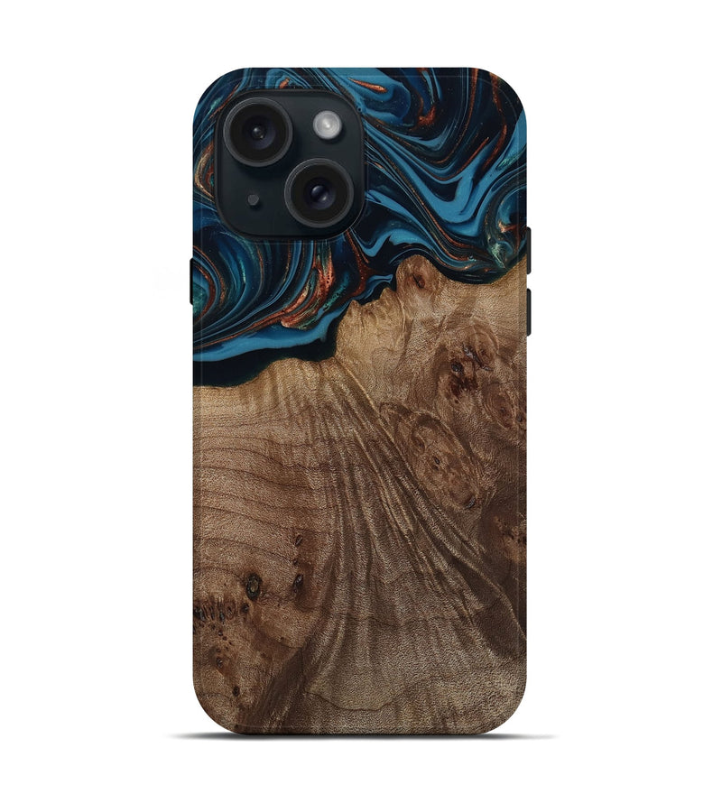 iPhone 15 Wood Live Edge Phone Case - Yolanda (Teal & Gold, 812200)