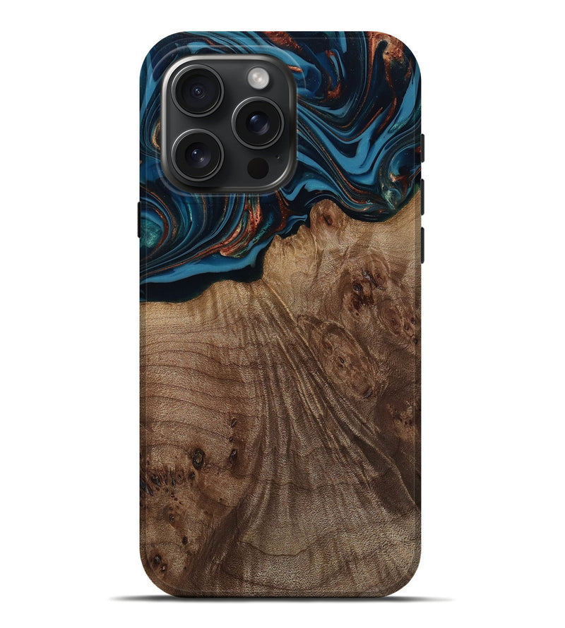 iPhone 16 Pro Max Wood Live Edge Phone Case - Yolanda (Teal & Gold, 812200)
