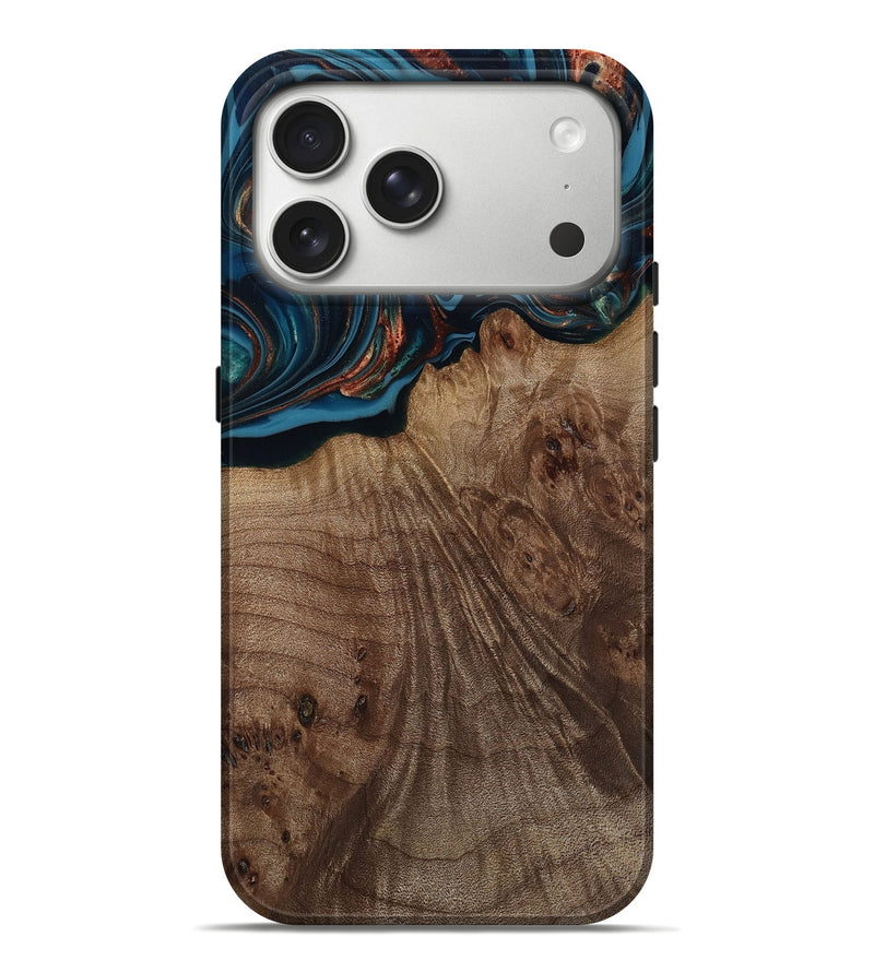 iPhone 17 Pro Max Wood Live Edge Phone Case - Yolanda (Teal & Gold, 812200)
