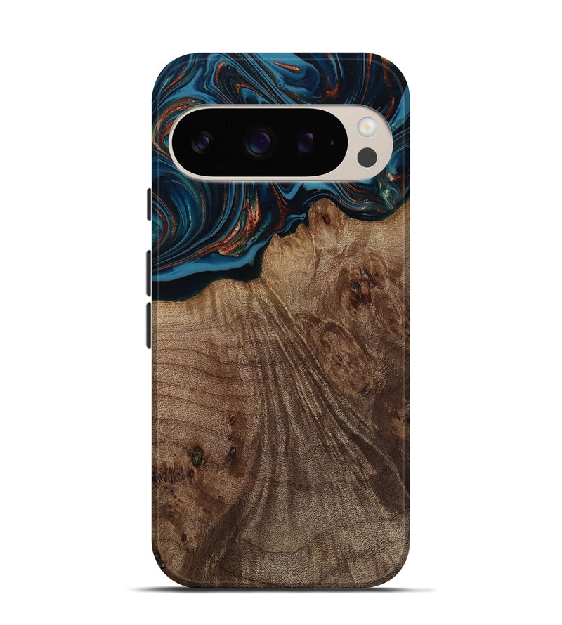Pixel 9 Pro Wood Live Edge Phone Case - Yolanda (Teal & Gold, 812200)