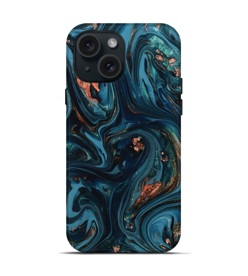 iPhone 15 ResinArt Live Edge Phone Case - Chelsi (Teal & Gold, 812209)