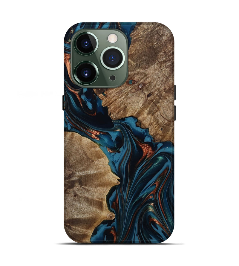 iPhone 13 Pro Wood Live Edge Phone Case - Scarlet (Teal & Gold, 812210)