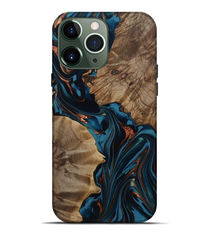 iPhone 13 Pro Max Wood Live Edge Phone Case - Scarlet (Teal & Gold, 812210)