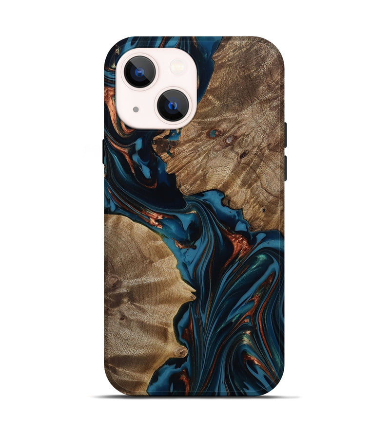iPhone 14 Wood Live Edge Phone Case - Scarlet (Teal & Gold, 812210)