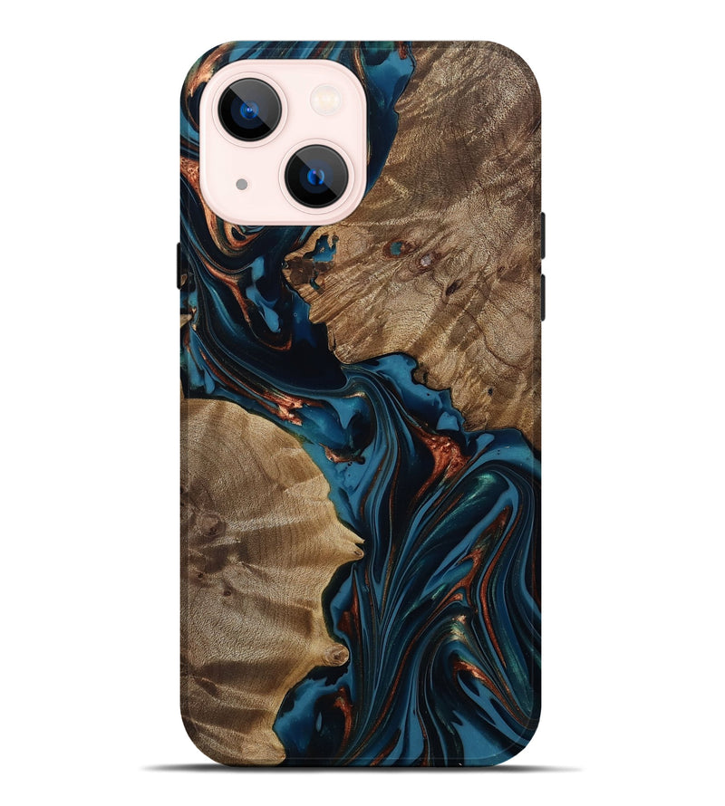 iPhone 14 Plus Wood Live Edge Phone Case - Scarlet (Teal & Gold, 812210)